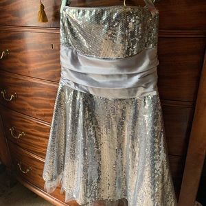 Strapless Silver sequined mini dress